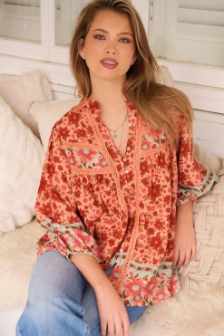 Bee Blouse - Lace Decal Button Down 3/4 Sleeve Blouse in Lillianna Print><noscript><img width=