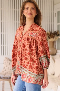 Bee Blouse - Lace Decal Button Down 3/4 Sleeve Blouse in Lillianna Print><noscript><img width=