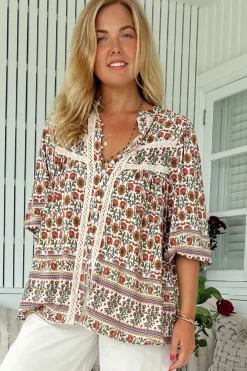 Bee Blouse - Lace Decal Button Down 3/4 Sleeve Blouse in Harlowe Print>Jaase Online