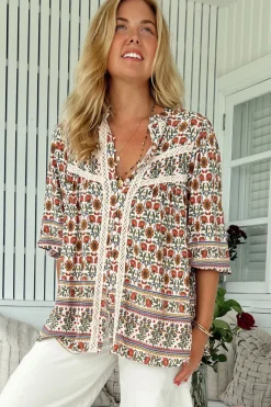 Bee Blouse - Lace Decal Button Down 3/4 Sleeve Blouse in Harlowe Print><noscript><img width=