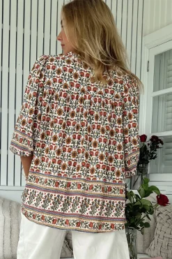 Bee Blouse - Lace Decal Button Down 3/4 Sleeve Blouse in Harlowe Print><noscript><img width=