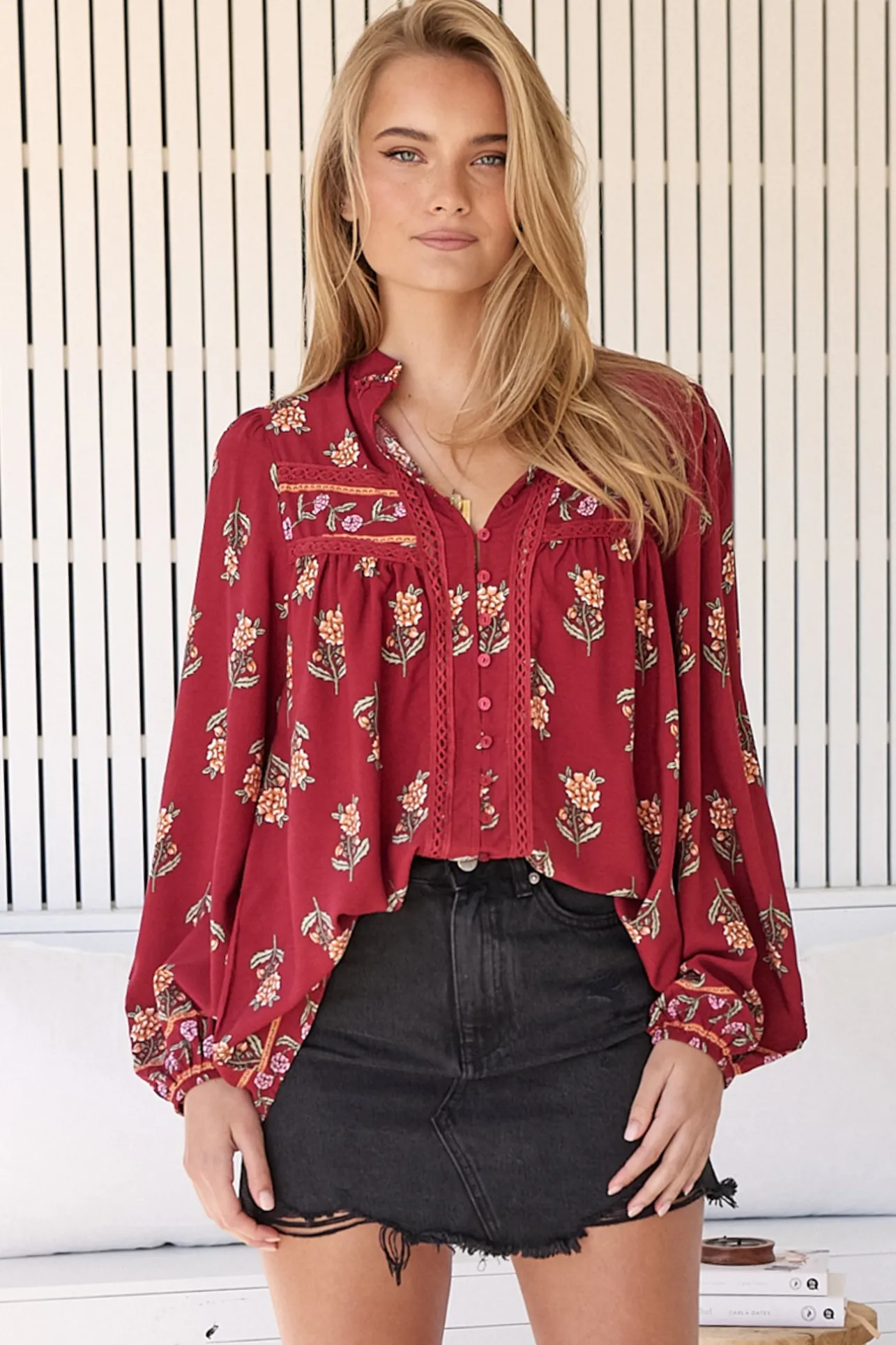 Bee Blouse - Lace Decal Button Down Long Sleeve Blouse in Grenache Print>Jaase Outlet