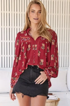 Bee Blouse - Lace Decal Button Down Long Sleeve Blouse in Grenache Print><noscript><img width=