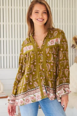 Bee Blouse - Lace Decal Button Down Long Sleeve Blouse in Amalie Print>Jaase Discount