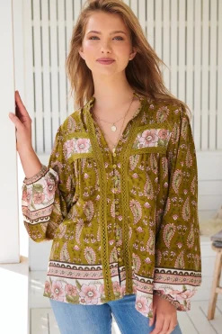 Bee Blouse - Lace Decal Button Down Long Sleeve Blouse in Amalie Print>Jaase Discount