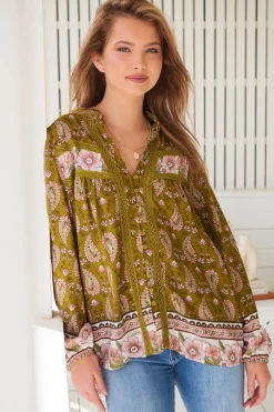 Bee Blouse - Lace Decal Button Down Long Sleeve Blouse in Amalie Print><noscript><img width=
