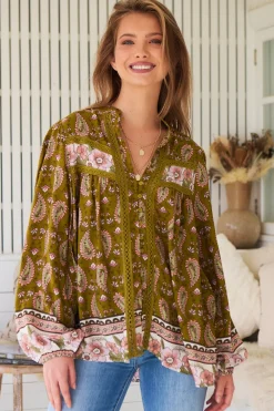 Bee Blouse - Lace Decal Button Down Long Sleeve Blouse in Amalie Print><noscript><img width=