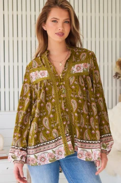 Bee Blouse - Lace Decal Button Down Long Sleeve Blouse in Amalie Print><noscript><img width=