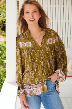 Bee Blouse - Lace Decal Button Down Long Sleeve Blouse in Amalie Print><noscript><img width=