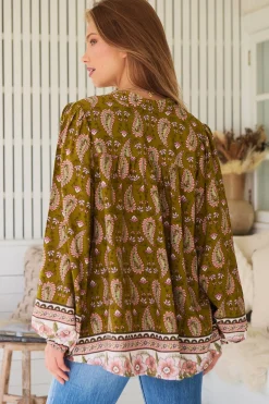 Bee Blouse - Lace Decal Button Down Long Sleeve Blouse in Amalie Print><noscript><img width=