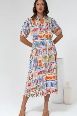 Bennie Midi Dress - Collared Short Sleeve Shirt Dress with Rope Belt in Elly Print>Salty Crush