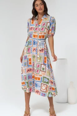 Bennie Midi Dress - Collared Short Sleeve Shirt Dress with Rope Belt in Elly Print><noscript><img width=