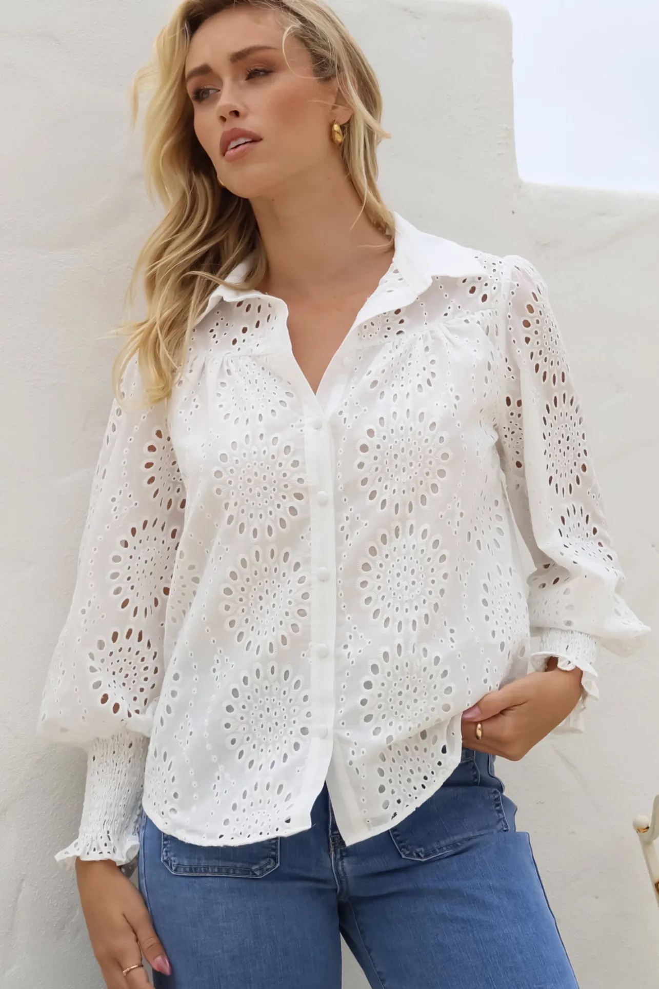 Benton Blouse - Hollow Out Embroidered Button Down Shirt in White>Salty Crush