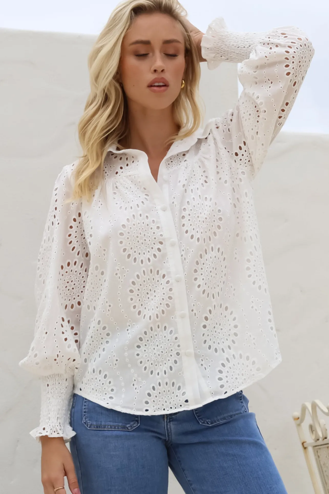 Benton Blouse - Hollow Out Embroidered Button Down Shirt in White>Salty Crush