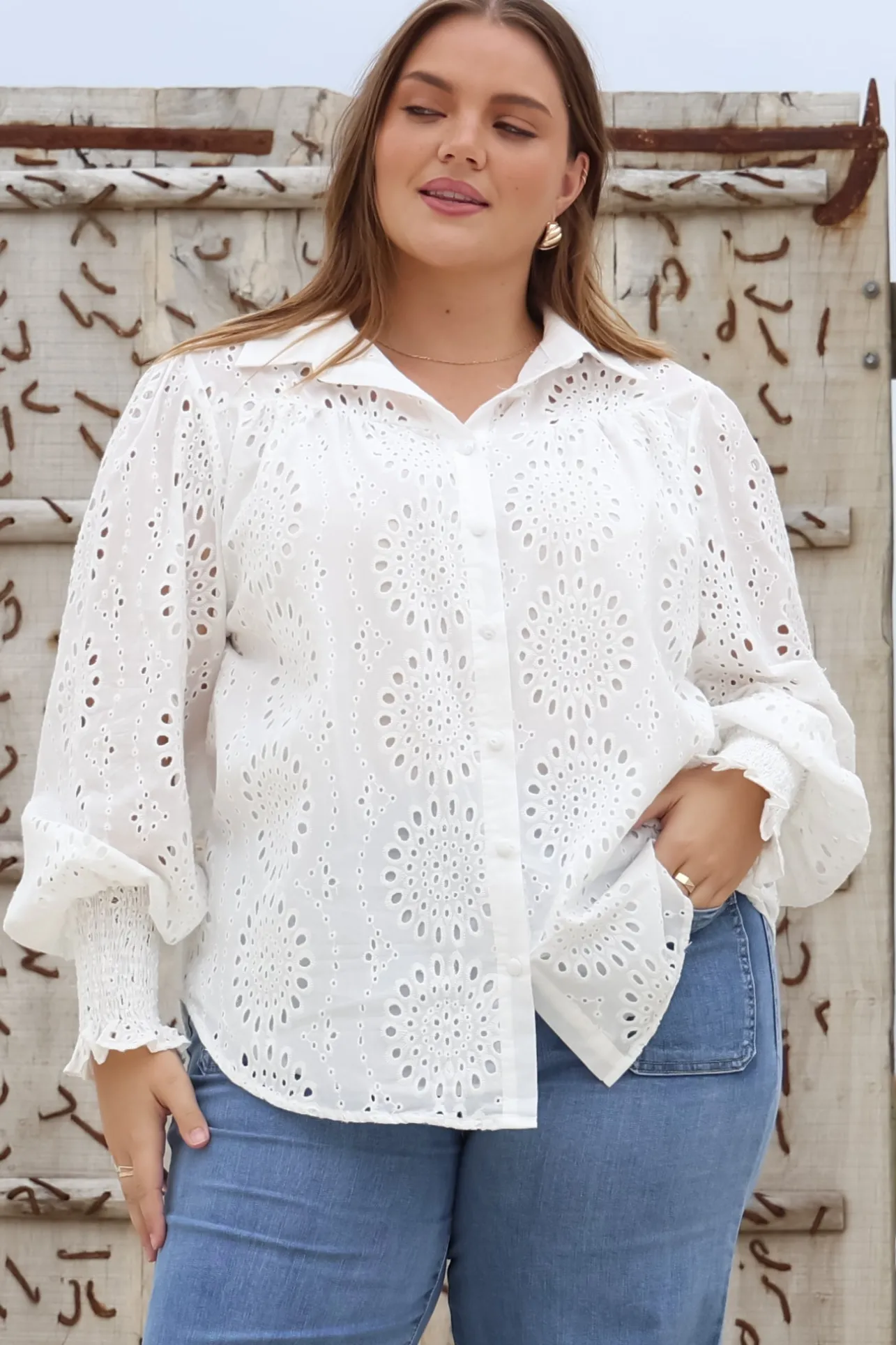 Benton Blouse - Hollow Out Embroidered Button Down Shirt in White>Salty Crush