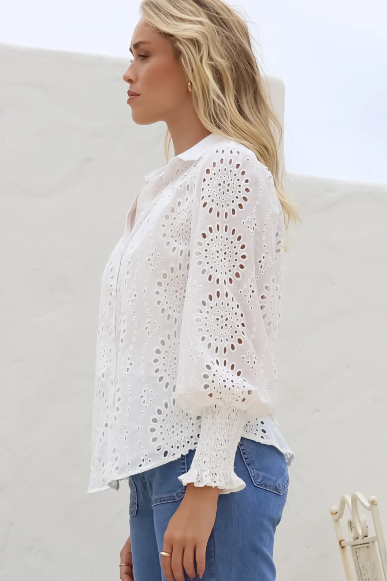 Benton Blouse - Hollow Out Embroidered Button Down Shirt in White>Salty Crush