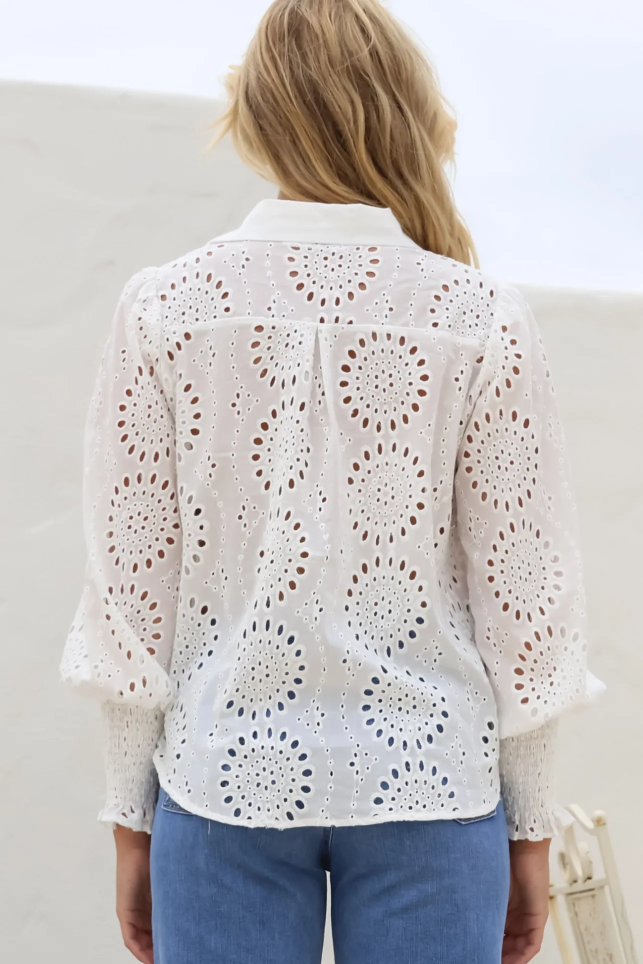 Benton Blouse - Hollow Out Embroidered Button Down Shirt in White>Salty Crush