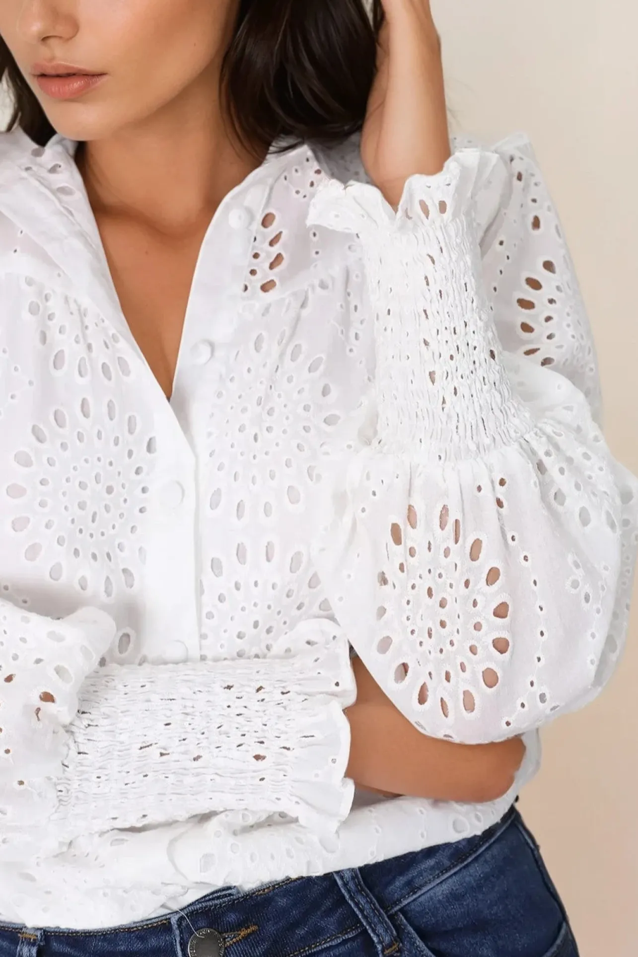 Benton Blouse - Hollow Out Embroidered Button Down Shirt in White>Salty Crush
