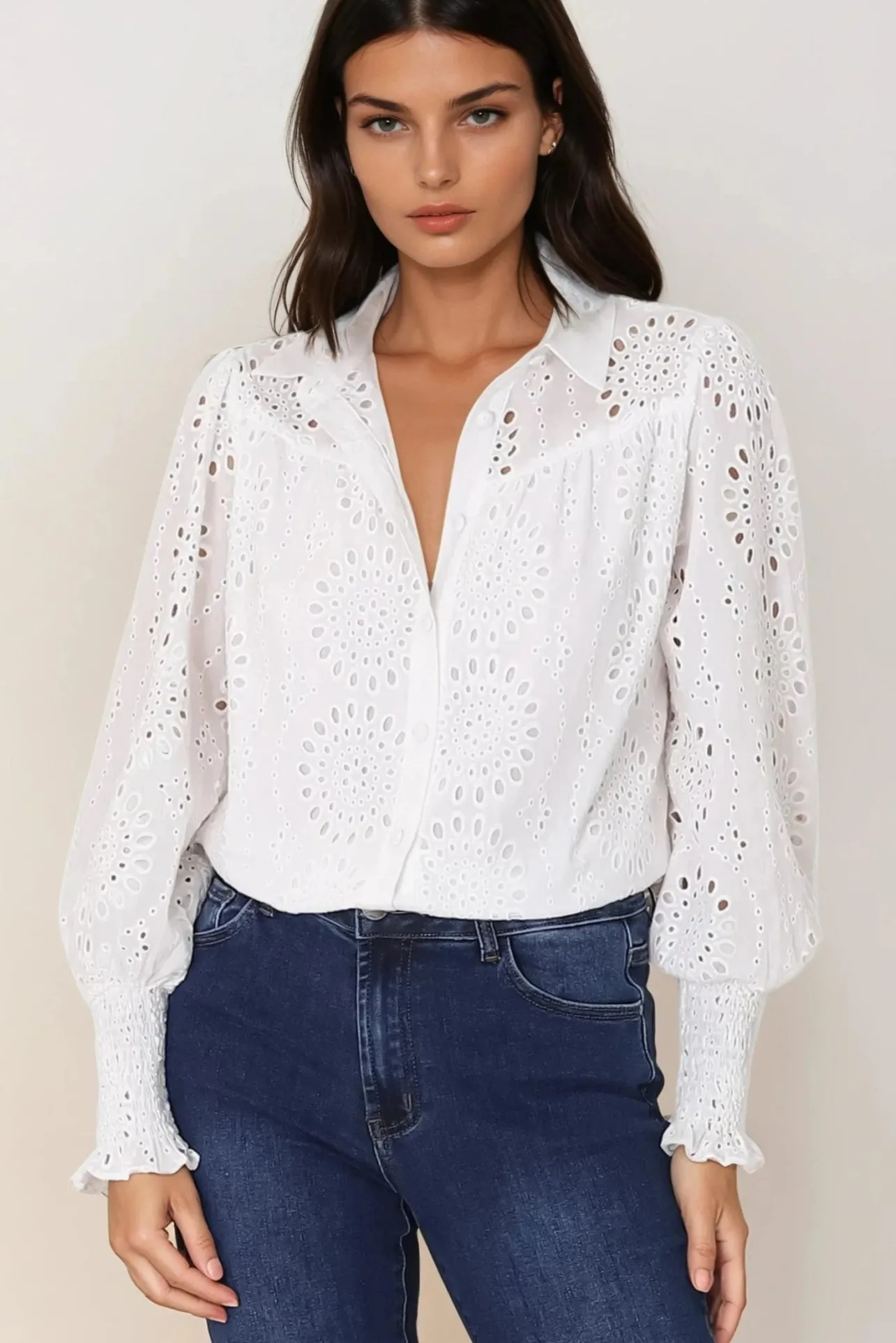 Benton Blouse - Hollow Out Embroidered Button Down Shirt in White>Salty Crush