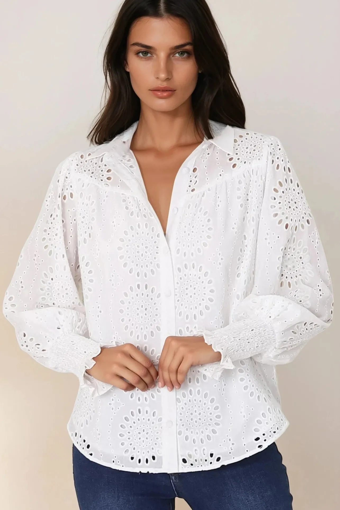 Benton Blouse - Hollow Out Embroidered Button Down Shirt in White>Salty Crush