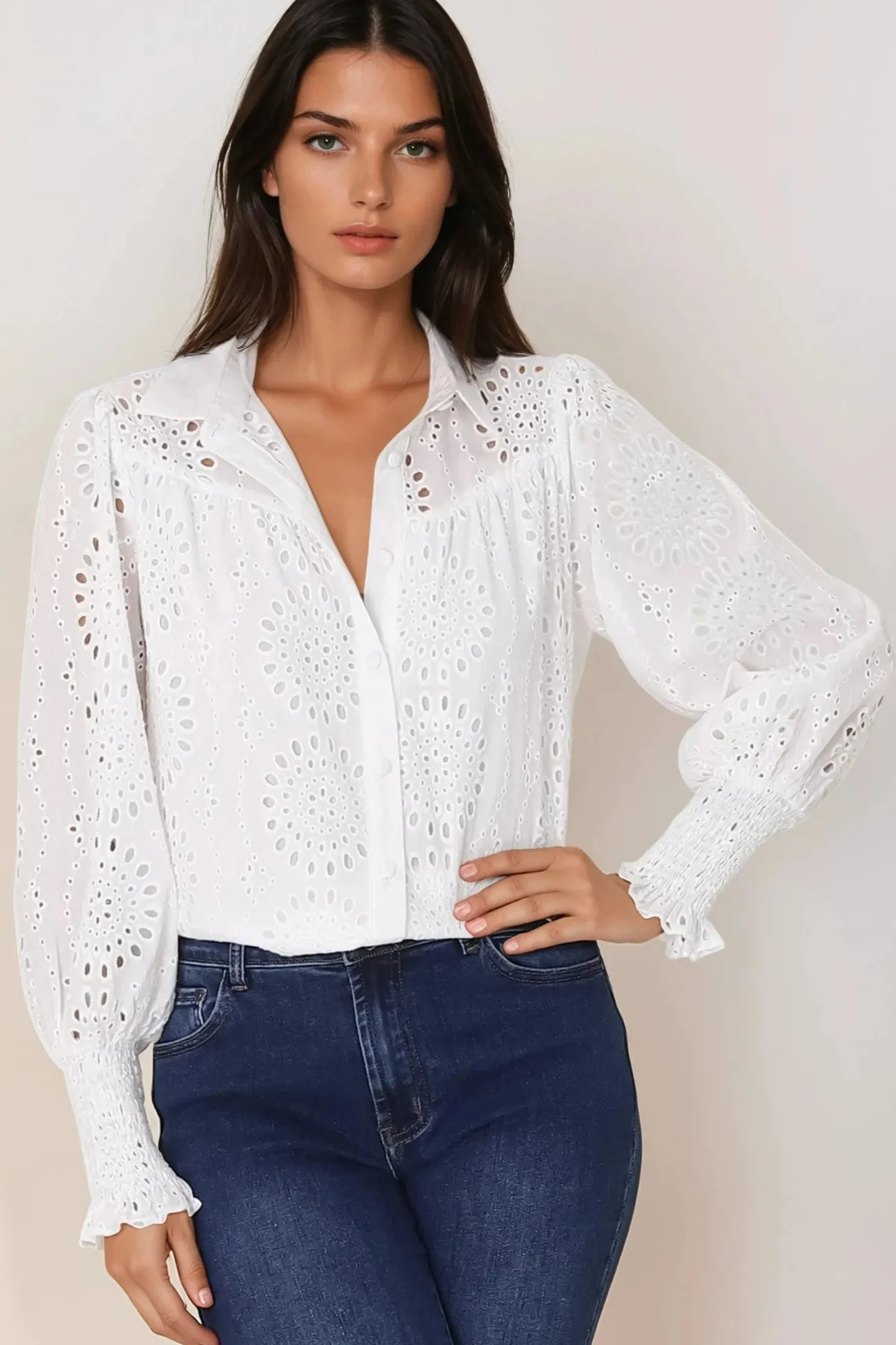 Benton Blouse - Hollow Out Embroidered Button Down Shirt in White>Salty Crush