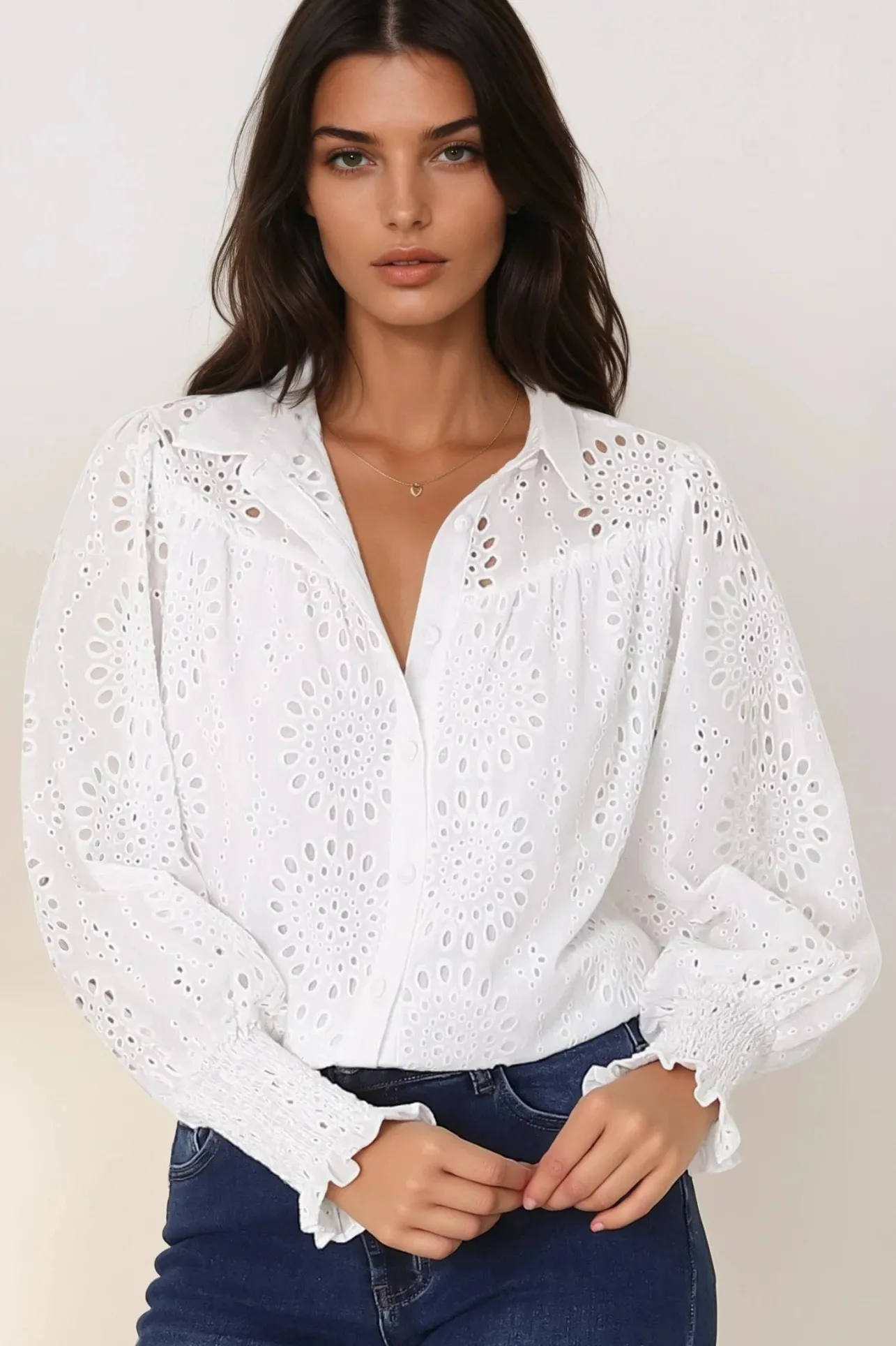 Benton Blouse - Hollow Out Embroidered Button Down Shirt in White>Salty Crush