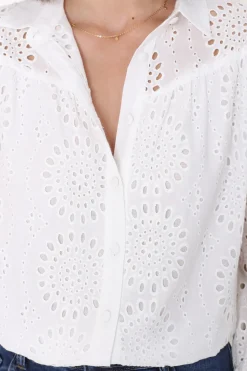 Benton Blouse - Hollow Out Embroidered Button Down Shirt in White><noscript><img width=
