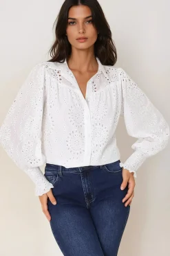 Benton Blouse - Hollow Out Embroidered Button Down Shirt in White><noscript><img width=