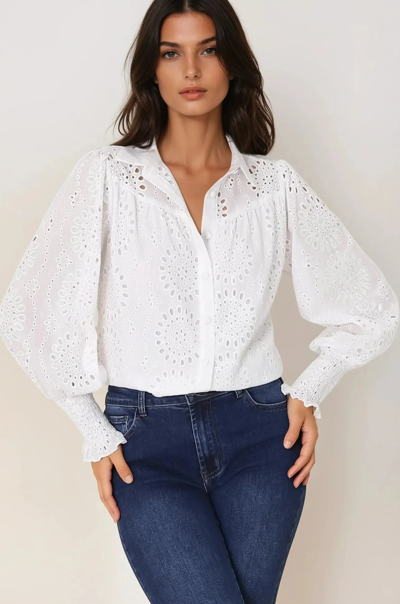 Benton Blouse - Hollow Out Embroidered Button Down Shirt in White>Salty Crush