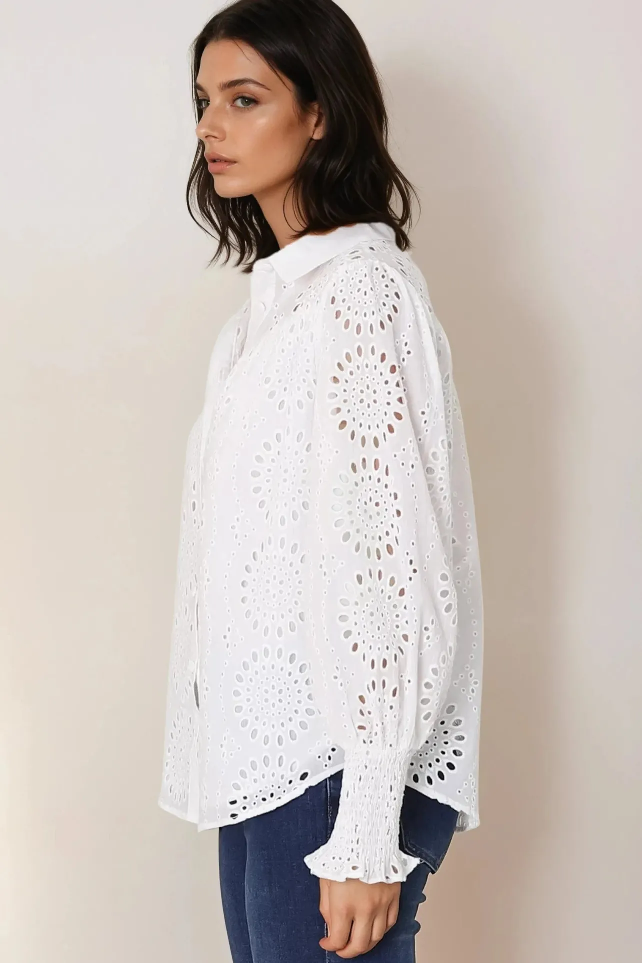 Benton Blouse - Hollow Out Embroidered Button Down Shirt in White>Salty Crush