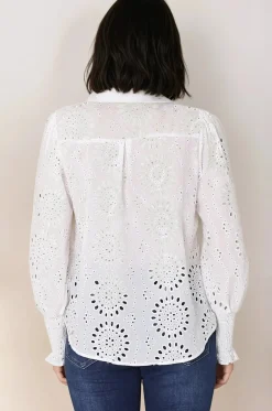 Benton Blouse - Hollow Out Embroidered Button Down Shirt in White><noscript><img width=