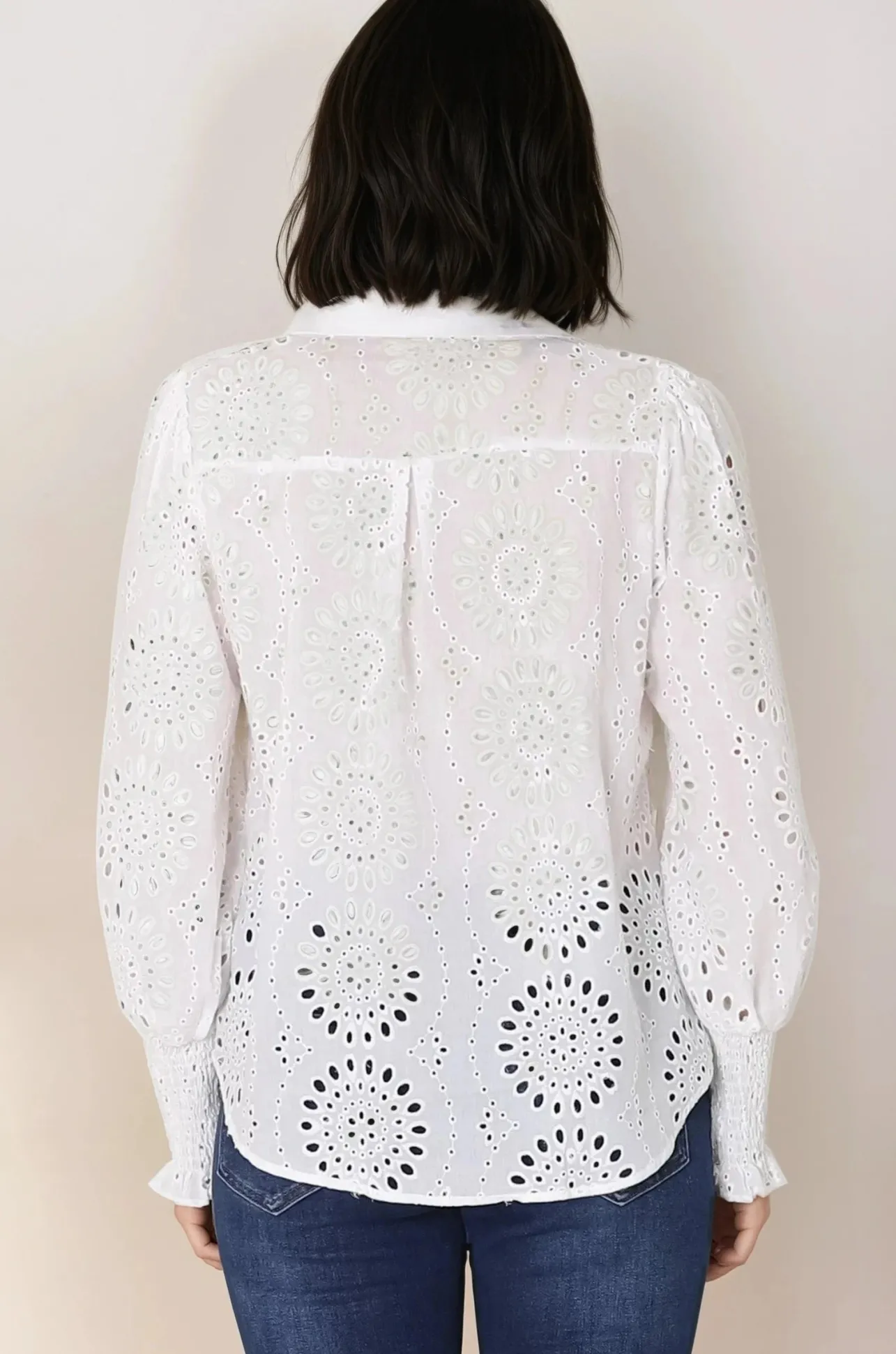 Benton Blouse - Hollow Out Embroidered Button Down Shirt in White>Salty Crush