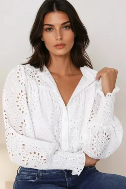 Benton Blouse - Hollow Out Embroidered Button Down Shirt in White><noscript><img width=
