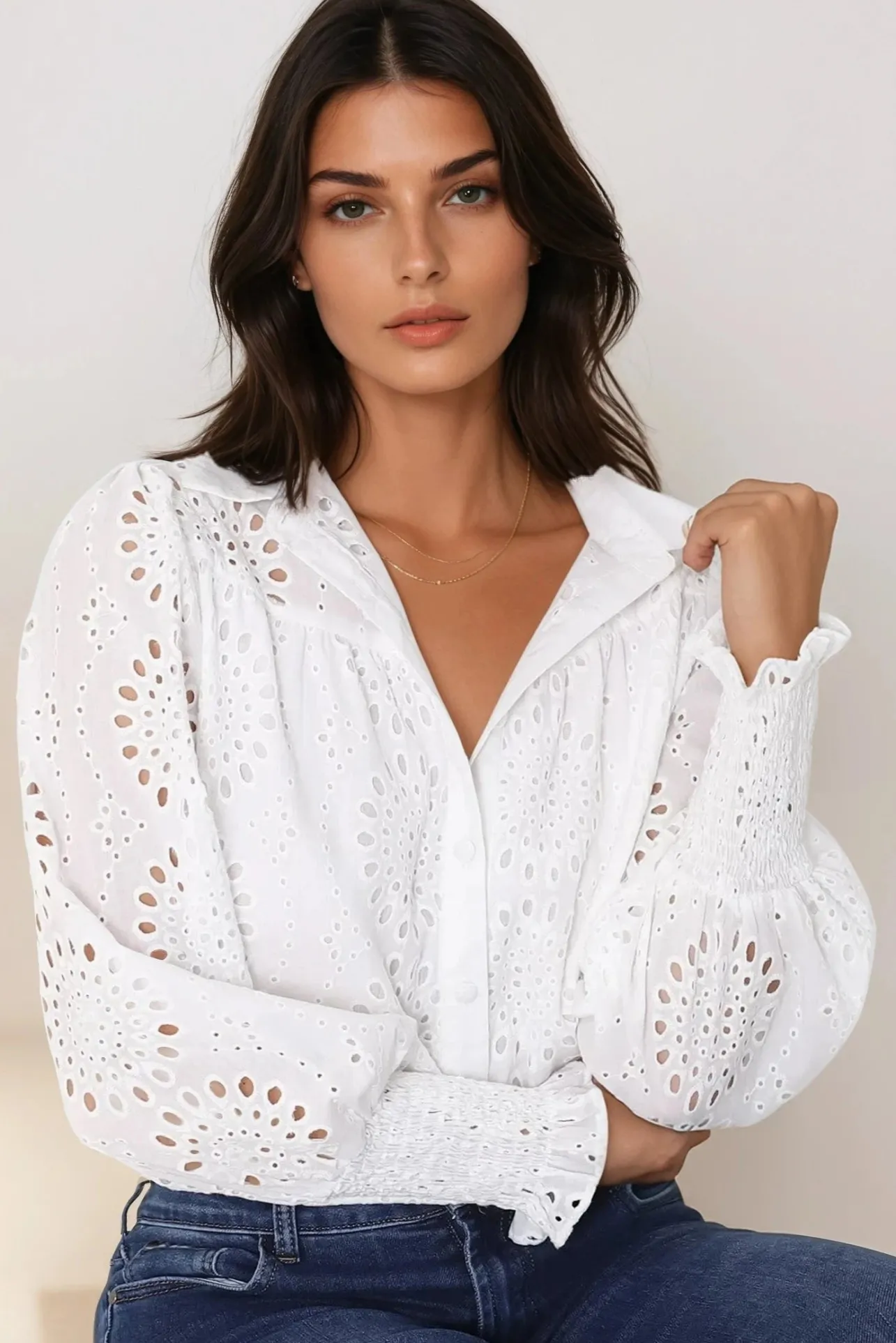 Benton Blouse - Hollow Out Embroidered Button Down Shirt in White>Salty Crush