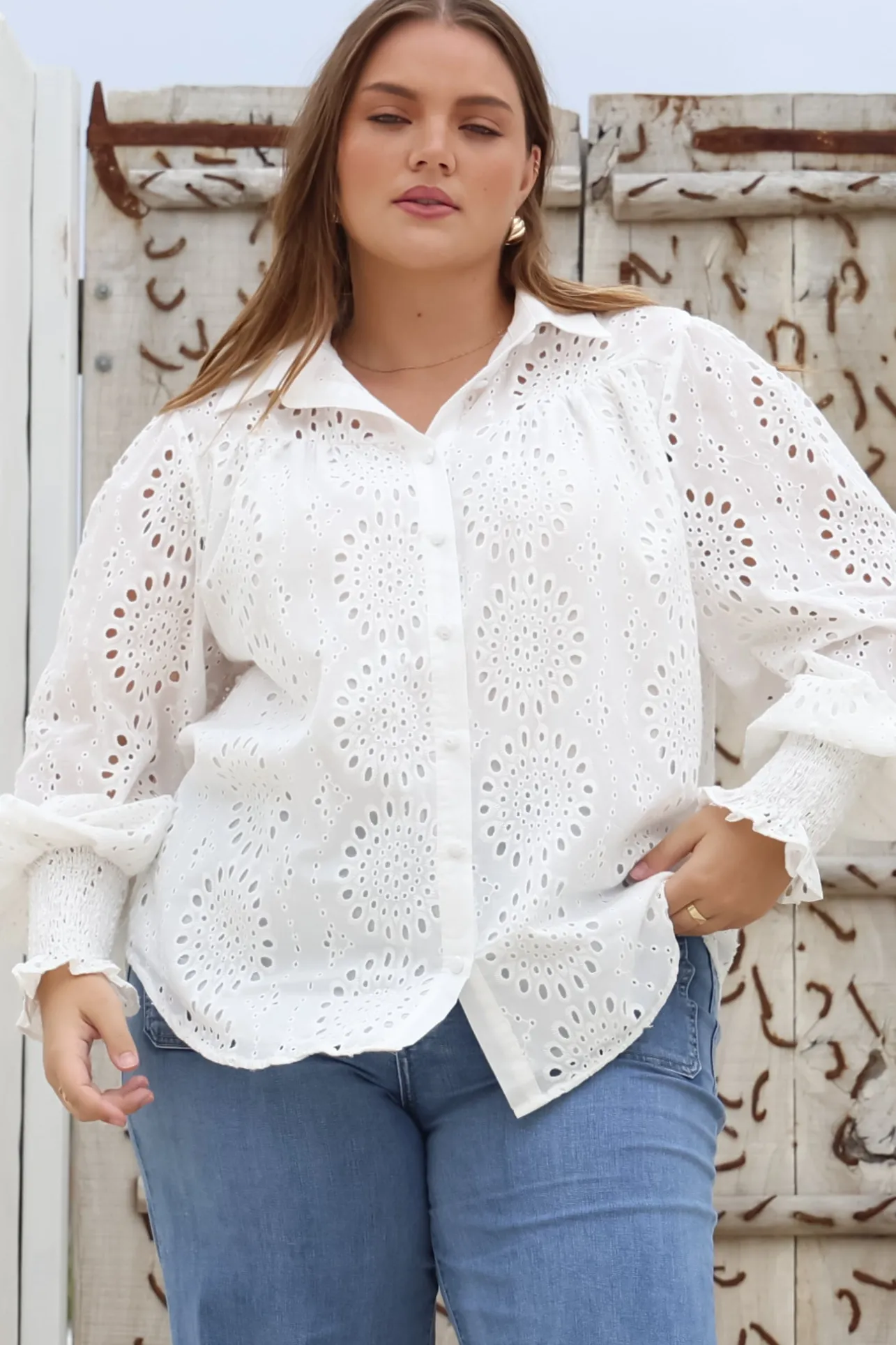 Benton Blouse - Hollow Out Embroidered Button Down Shirt in White>Salty Crush