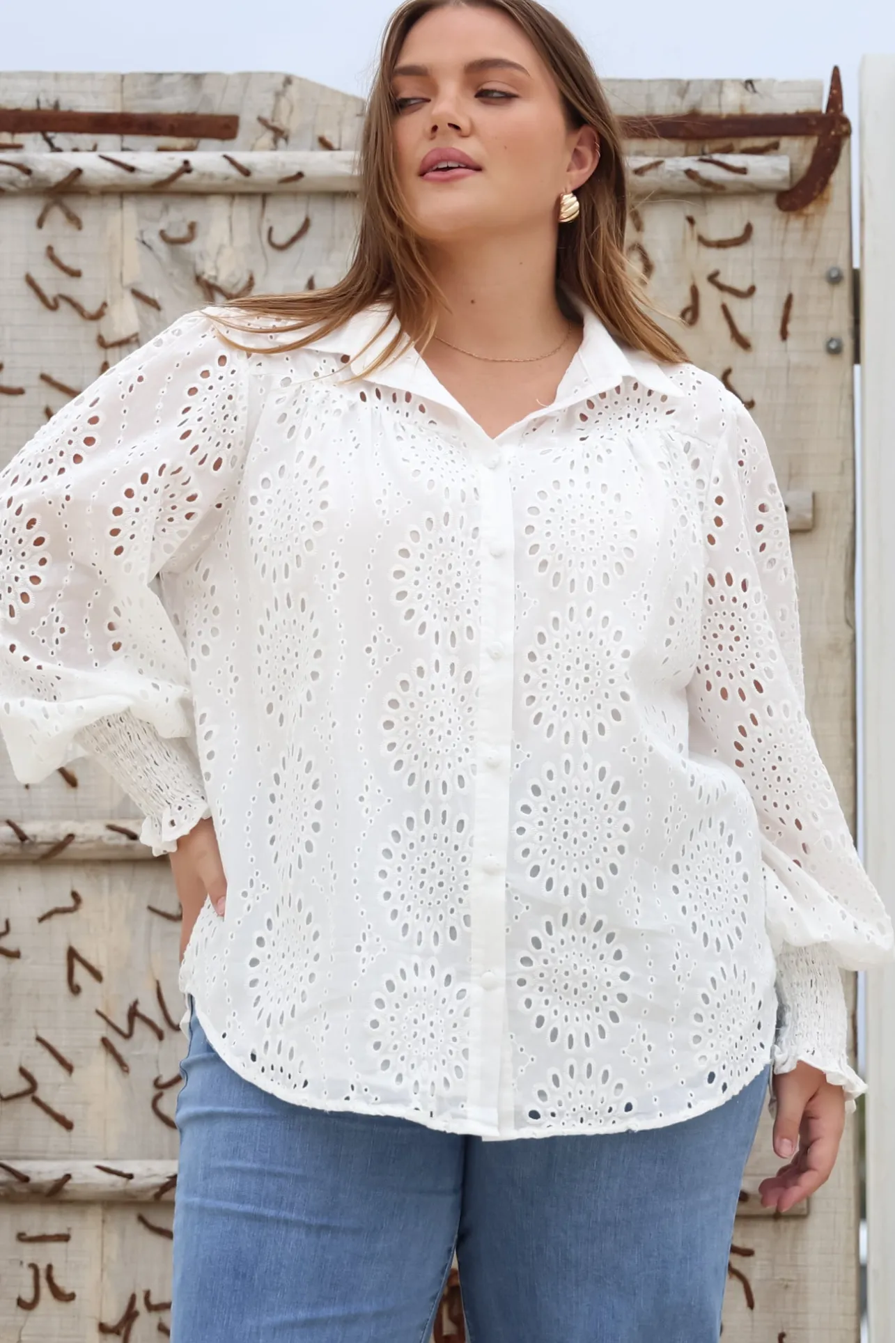 Benton Blouse - Hollow Out Embroidered Button Down Shirt in White>Salty Crush