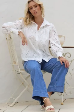 Benton Blouse - Hollow Out Embroidered Button Down Shirt in White><noscript><img width=