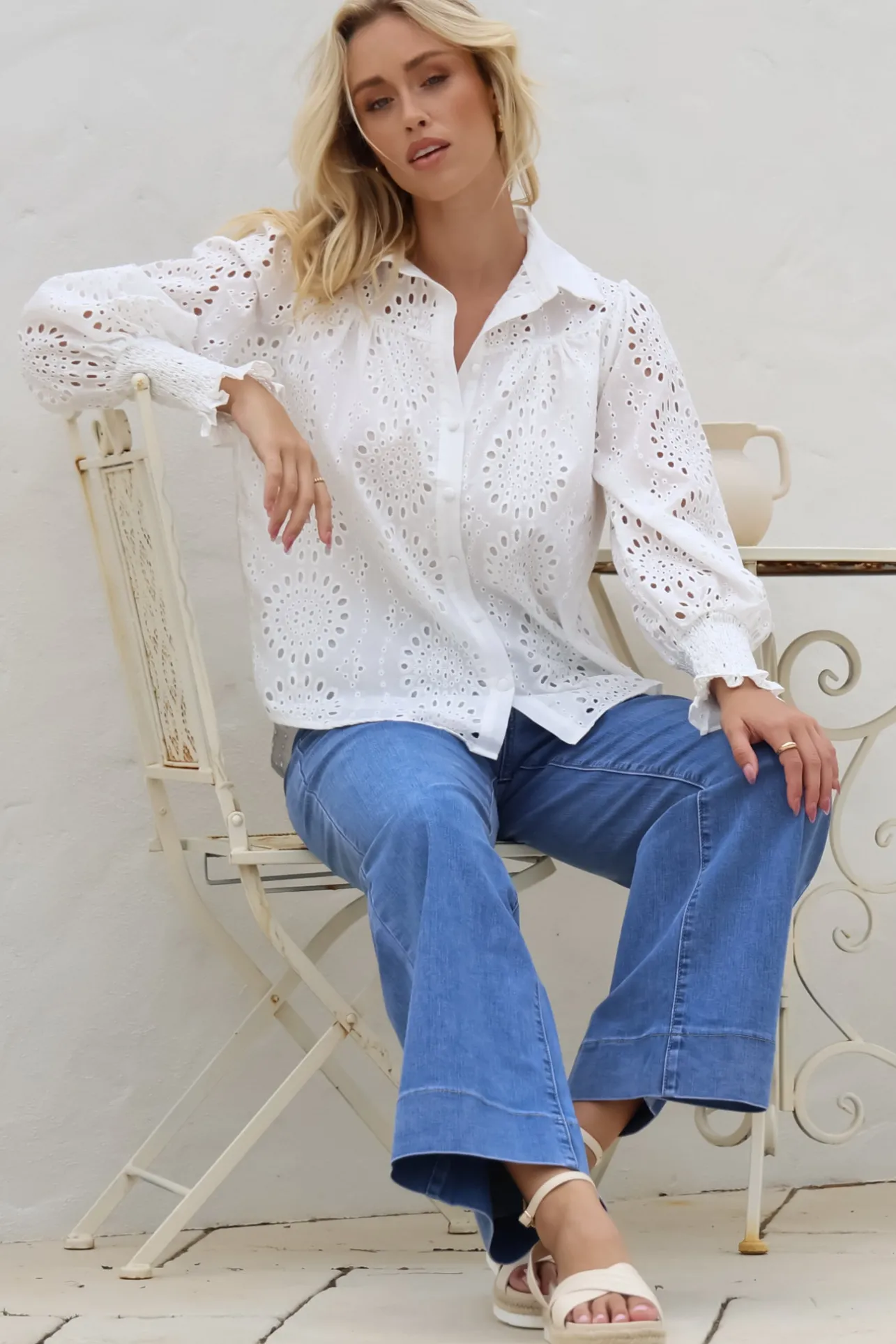 Benton Blouse - Hollow Out Embroidered Button Down Shirt in White>Salty Crush