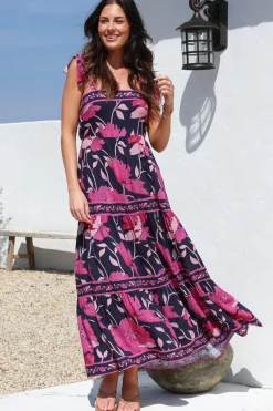 Berta Maxi Dress - Square Neckline Tie Strap Tiered Sun Dress in Ambi Print>Salty Crush