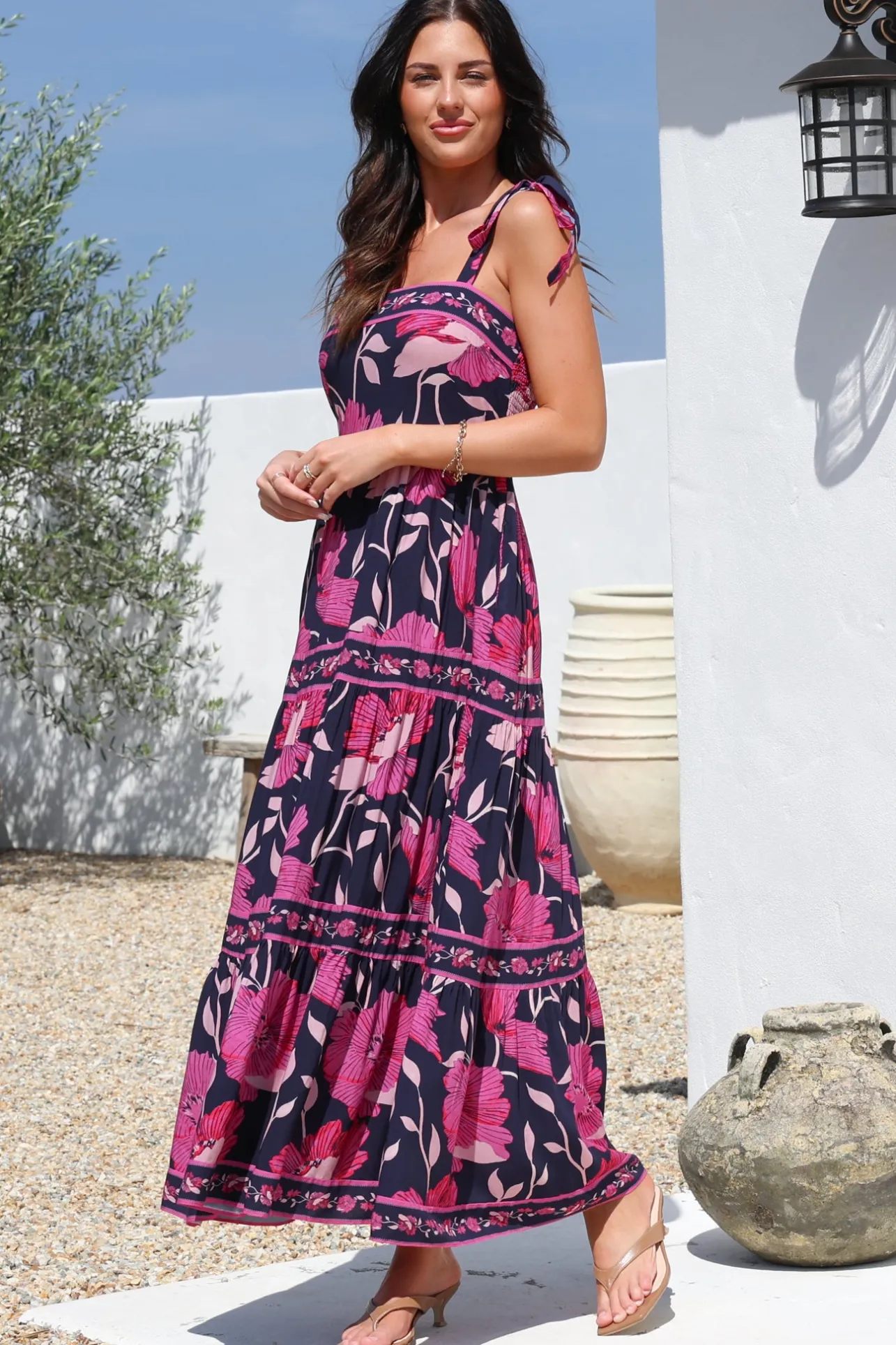 Berta Maxi Dress - Square Neckline Tie Strap Tiered Sun Dress in Ambi Print>Salty Crush