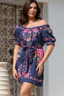 Betina Mini Dress - Scallop Trim Neckline Dress with Waist Tie in Nery Print Navy><noscript><img width=
