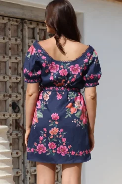 Betina Mini Dress - Scallop Trim Neckline Dress with Waist Tie in Nery Print Navy><noscript><img width=