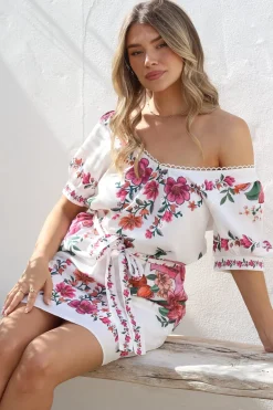 Betina Mini Dress - Scallop Trim Neckline Dress with Waist Tie in Nery Print White><noscript><img width=
