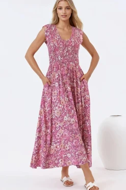 Bindy Midi Dress - V-Neck Elasticated Bodice Frill Cap Sleeve Dress in Doralee Print><noscript><img width=