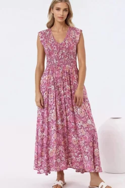 Bindy Midi Dress - V-Neck Elasticated Bodice Frill Cap Sleeve Dress in Doralee Print><noscript><img width=