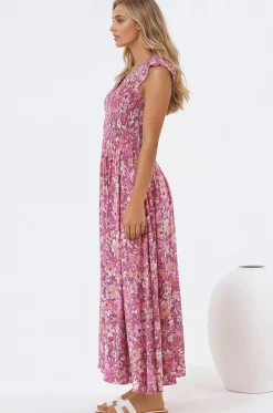 Bindy Midi Dress - V-Neck Elasticated Bodice Frill Cap Sleeve Dress in Doralee Print><noscript><img width=