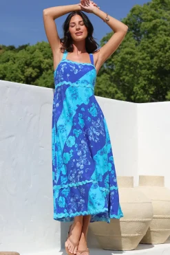 Bionda Midi Dress - Ric Rac Spliced Sun Dress with Adjustable Straps in Clavelle Print Blue><noscript><img width=