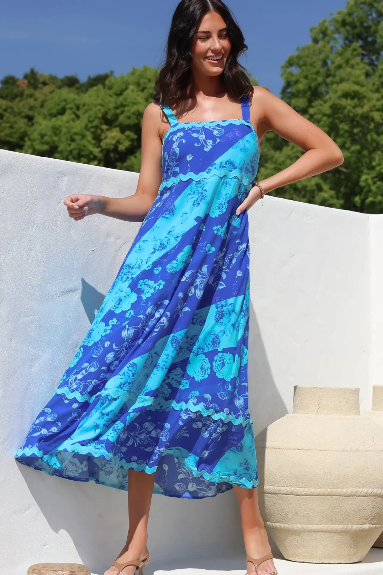 Bionda Midi Dress - Ric Rac Spliced Sun Dress with Adjustable Straps in Clavelle Print Blue>Salty Crush Clearance