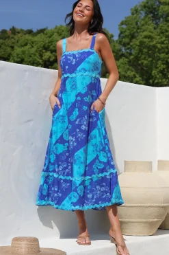 Bionda Midi Dress - Ric Rac Spliced Sun Dress with Adjustable Straps in Clavelle Print Blue><noscript><img width=