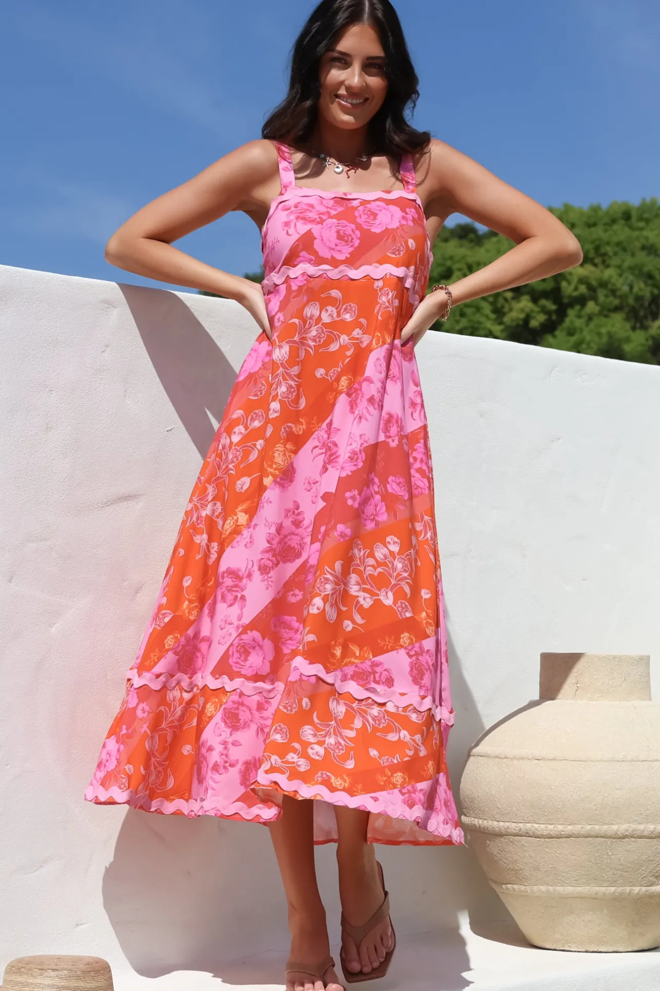 Bionda Midi Dress - Ric Rac Spliced Sun Dress with Adjustable Straps in Clavelle Print Pink>Salty Crush Sale